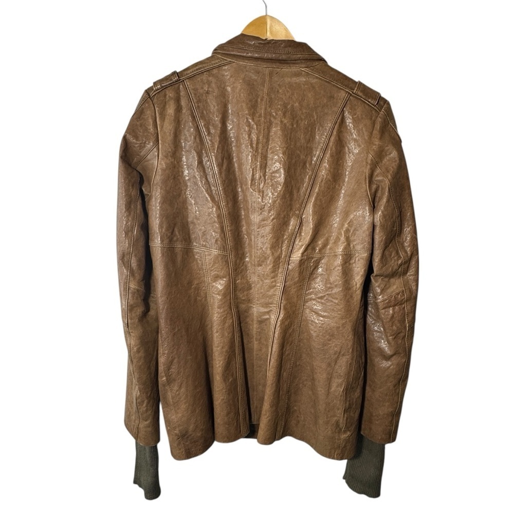 Y2K Danier Brown Leather Utility Jacket Snap Front Stand Collar Size Small - Picture 2 of 16
